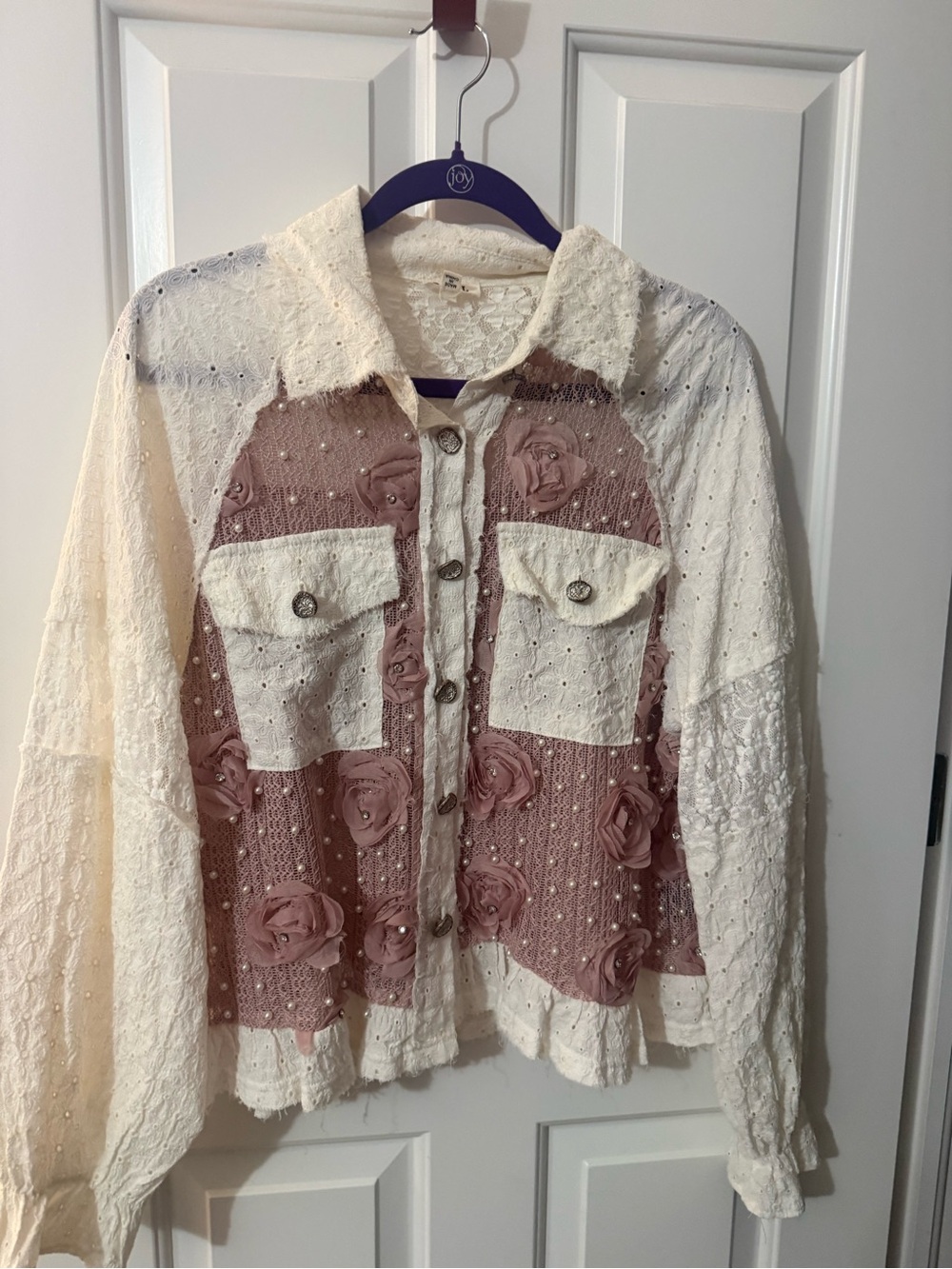POL Cream and Dusty Rose Floral-Appliqué Lace Jean Jacket